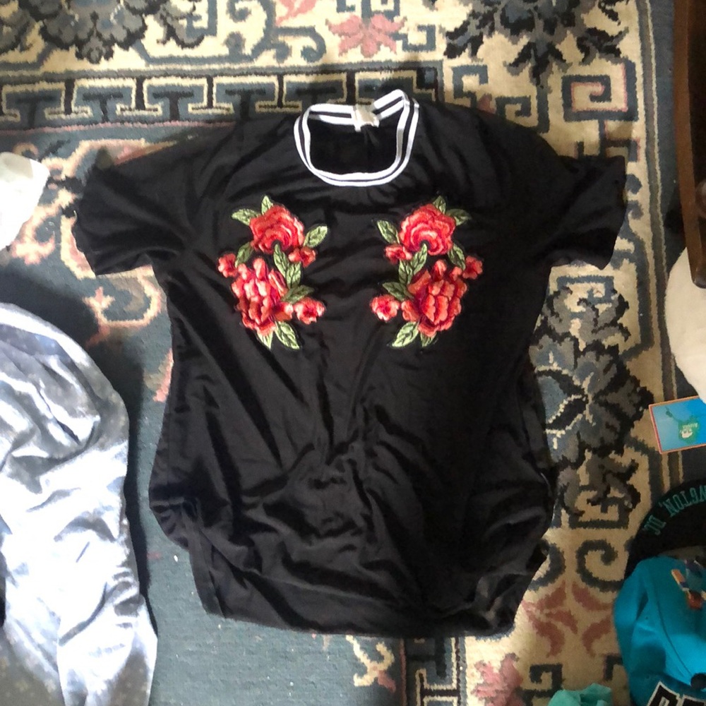 Black see through shirt with rose patches